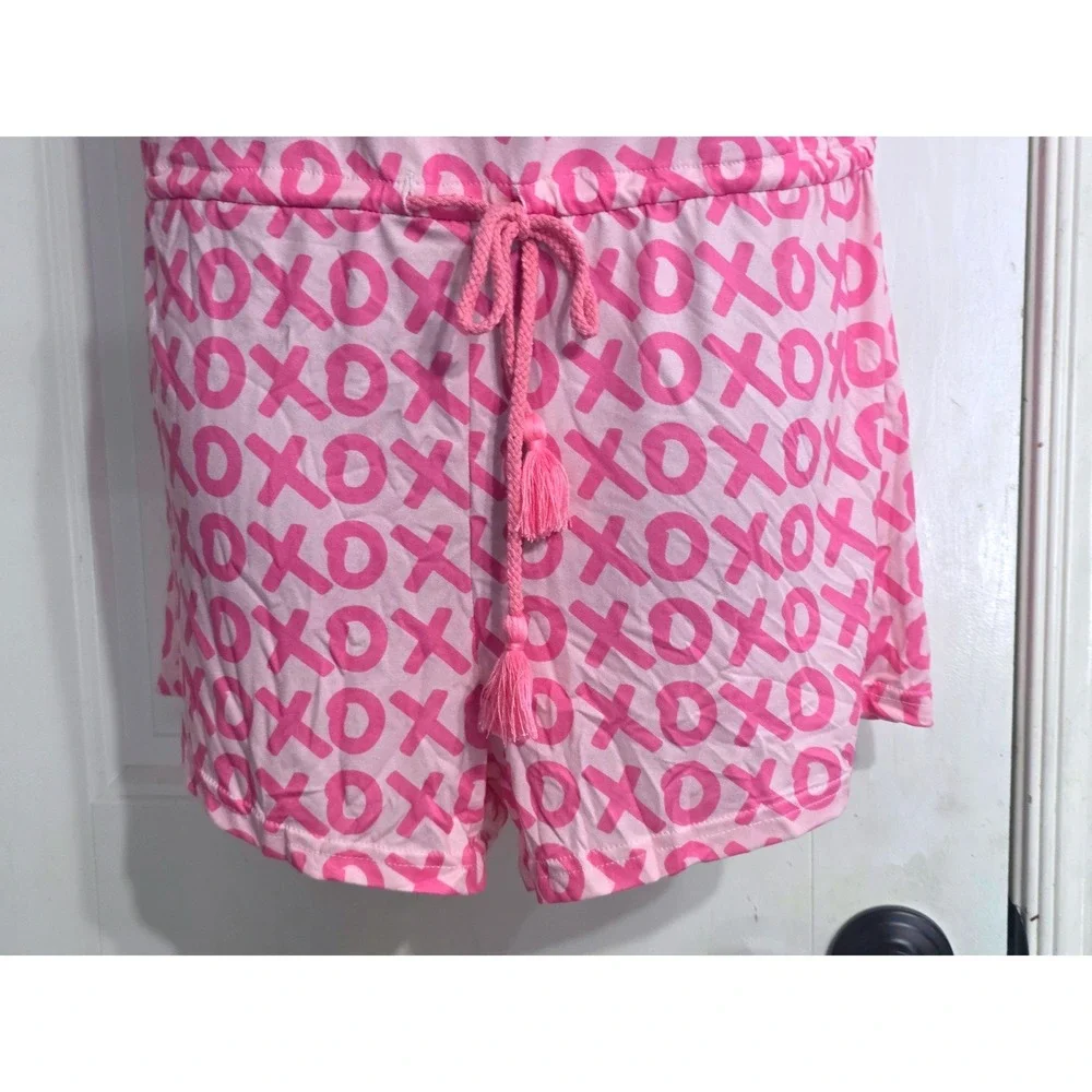 Jordann Jammies Womens Pink XOXO Print Short Sleeve Tassel Drawstring Romper S